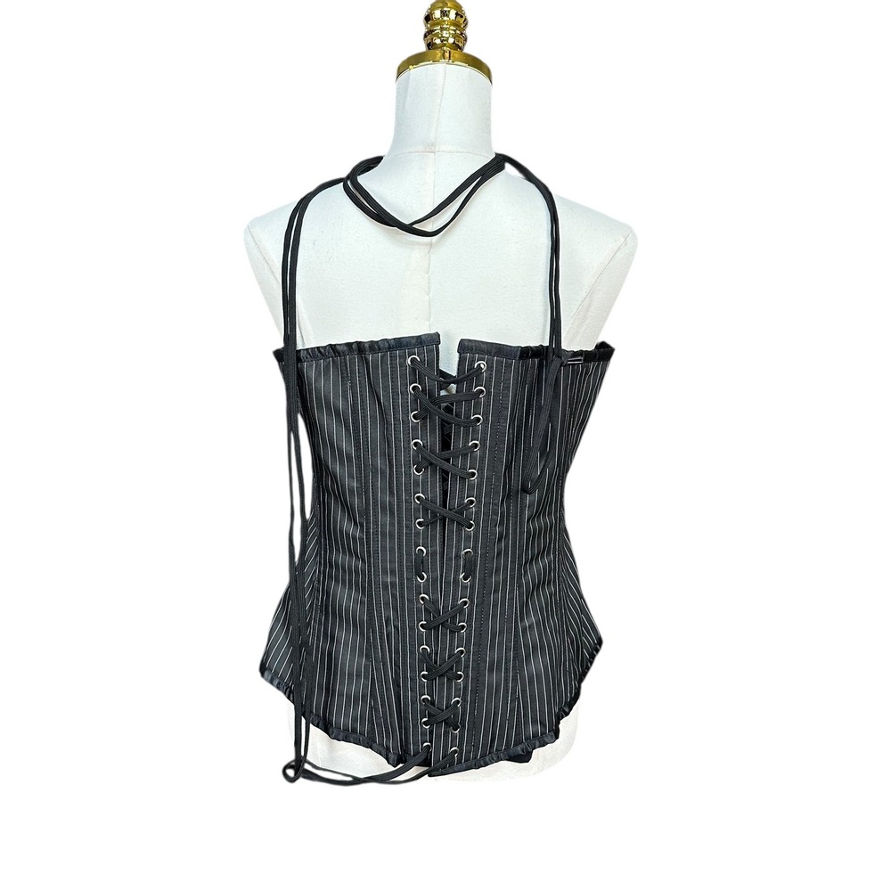 XL Black Pinstripe Corset Lace Up Back Sweetheart Busk Front Steampunk Goth Vamp - Picture 4 of 8